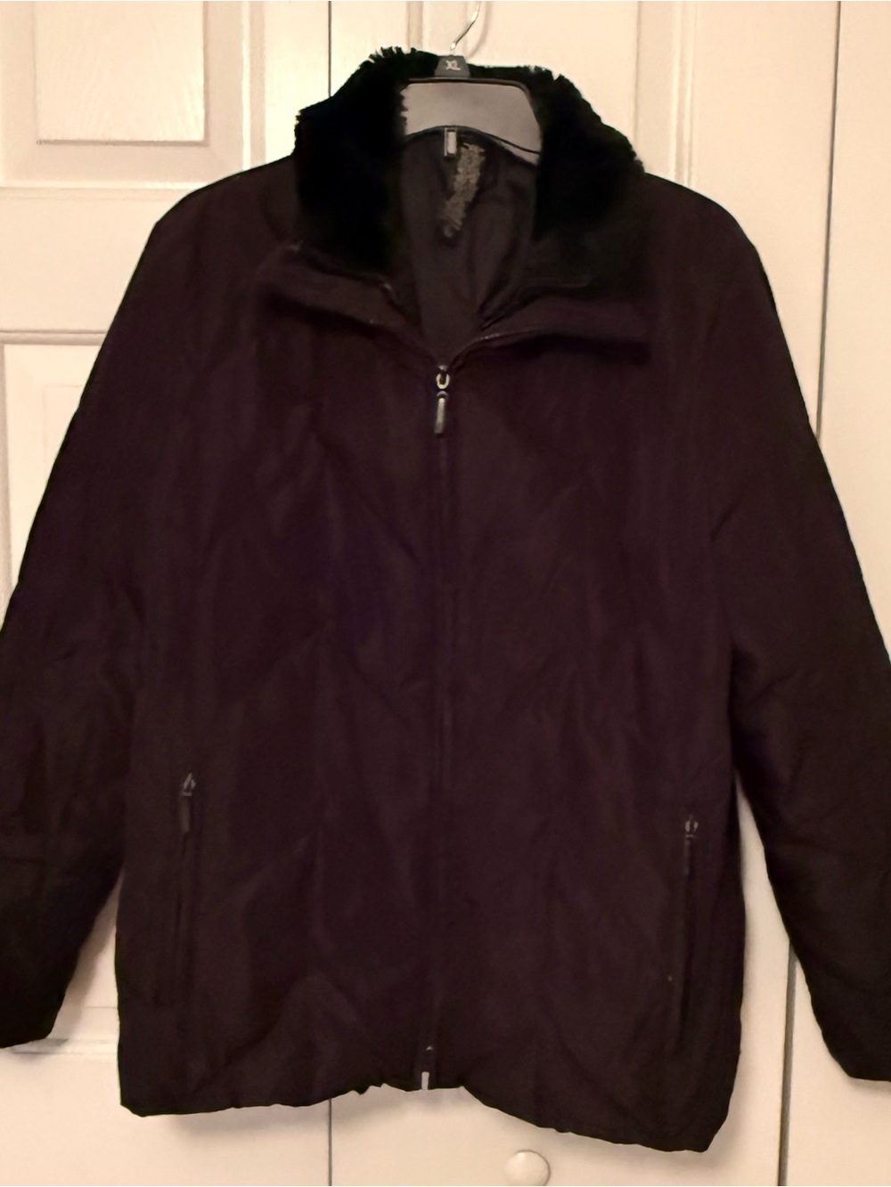 New York & Company Faux Fur Collar Puffer in black Size L Removable liner